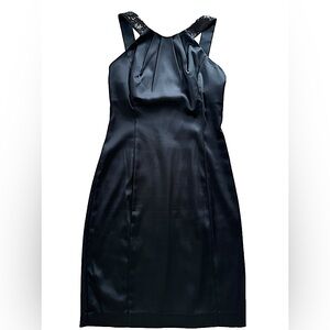 Calvin Klein- Black Satin Halter Sequin Straps Sexy Cocktail Bodycon Dress- | 4